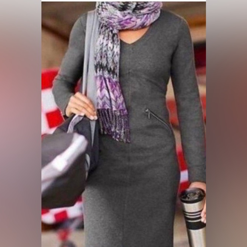 Athleta “Celebration” Heather Gray-Blue Ponte Knit V Neck Dress